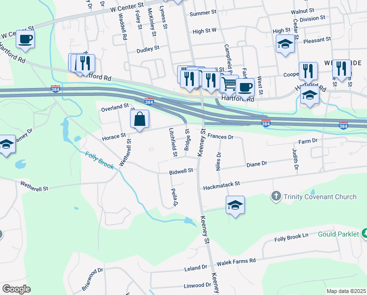 map of restaurants, bars, coffee shops, grocery stores, and more near 4 Avon Street in Manchester