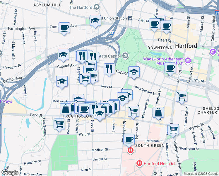 map of restaurants, bars, coffee shops, grocery stores, and more near 36 Russ Street in Hartford
