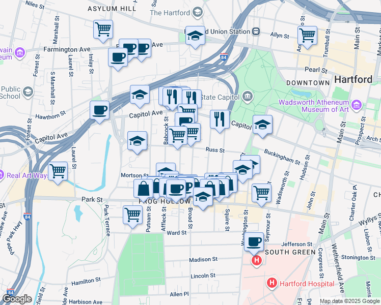 map of restaurants, bars, coffee shops, grocery stores, and more near 593 Broad Street in Hartford