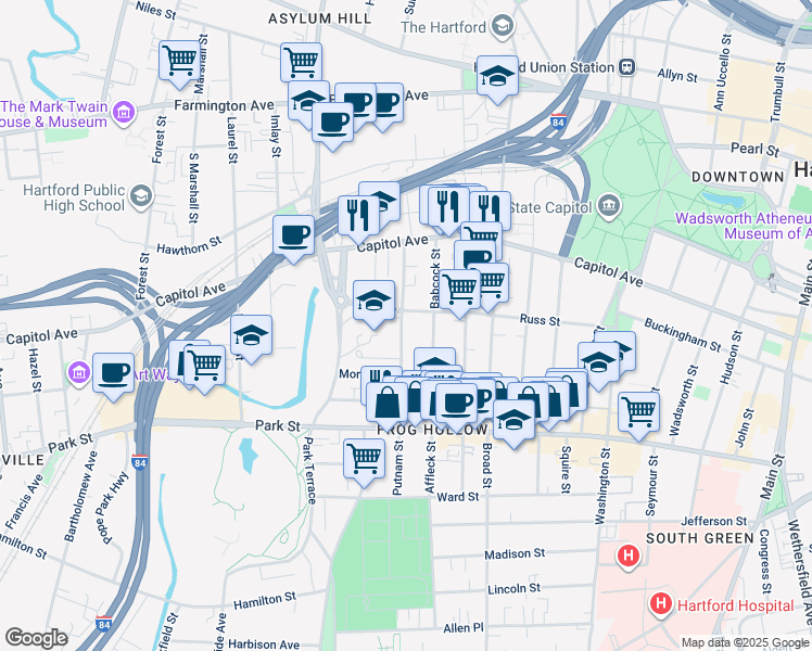 map of restaurants, bars, coffee shops, grocery stores, and more near 191 Russ Street in Hartford