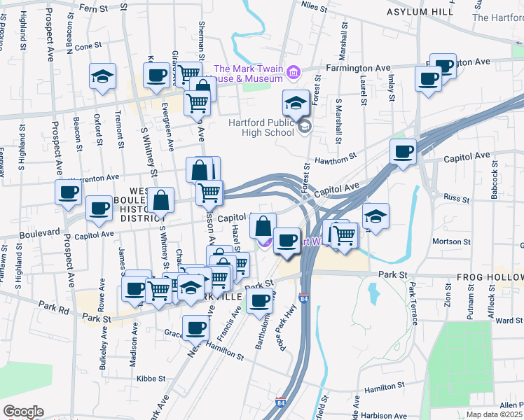 map of restaurants, bars, coffee shops, grocery stores, and more near 808 Capitol Avenue in Hartford