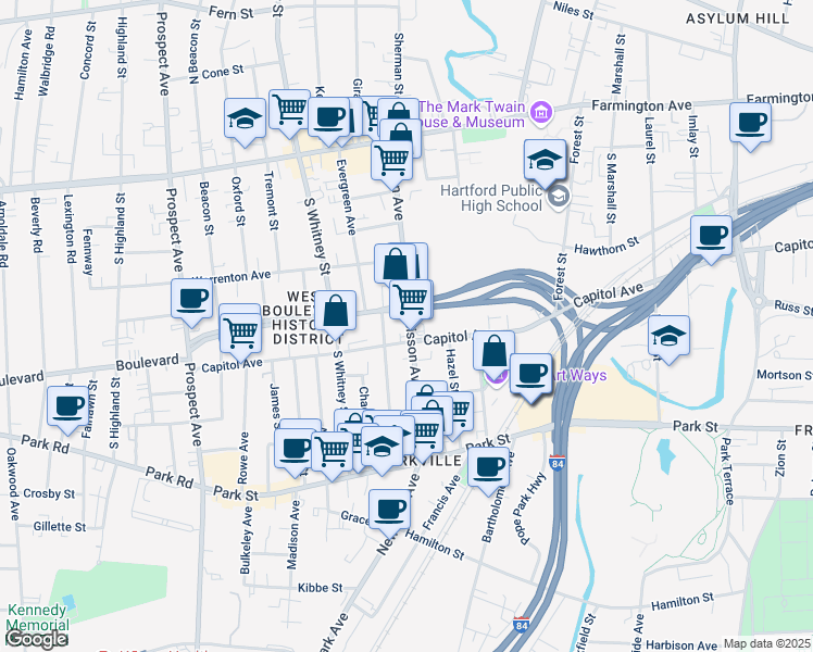map of restaurants, bars, coffee shops, grocery stores, and more near 118 Sisson Avenue in Hartford