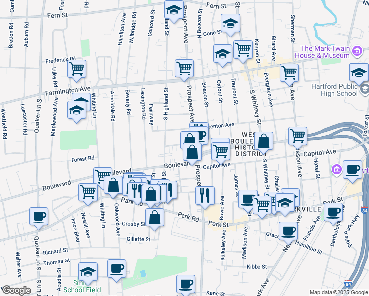map of restaurants, bars, coffee shops, grocery stores, and more near 24 Fairview Street in West Hartford