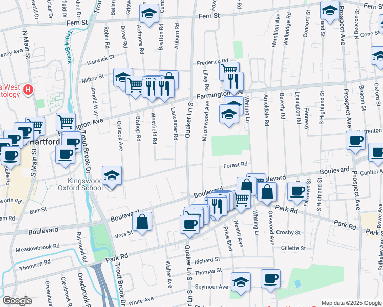 map of restaurants, bars, coffee shops, grocery stores, and more near 92 Quaker Lane South in West Hartford