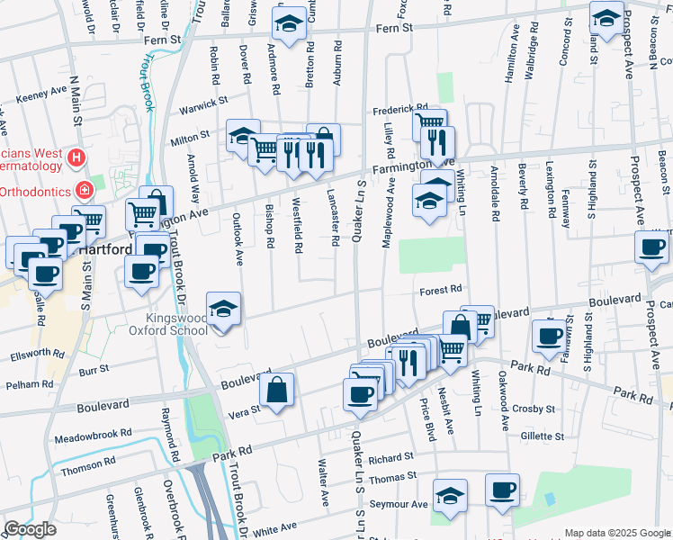 map of restaurants, bars, coffee shops, grocery stores, and more near 85 Lancaster Road in West Hartford
