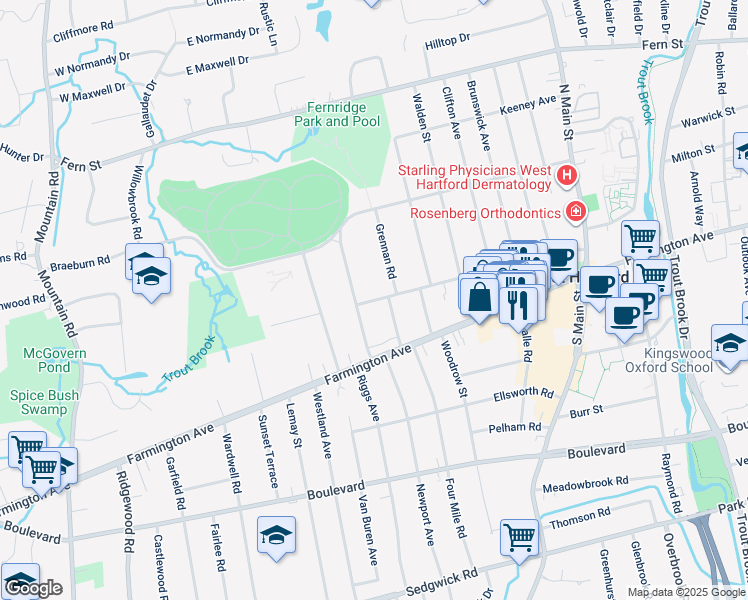 map of restaurants, bars, coffee shops, grocery stores, and more near 32 Arlington Road in West Hartford