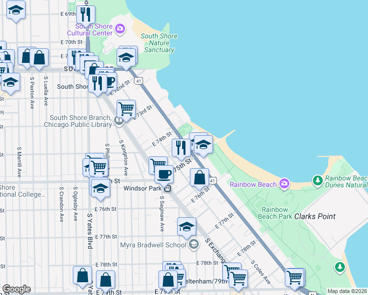 map of restaurants, bars, coffee shops, grocery stores, and more near 7432 South South Shore Drive in Chicago