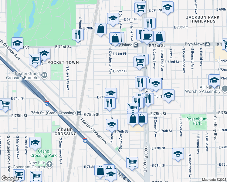 map of restaurants, bars, coffee shops, grocery stores, and more near 7330 South Dorchester Avenue in Chicago