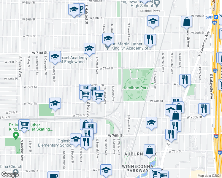 map of restaurants, bars, coffee shops, grocery stores, and more near 7303 South Lowe Avenue in Chicago