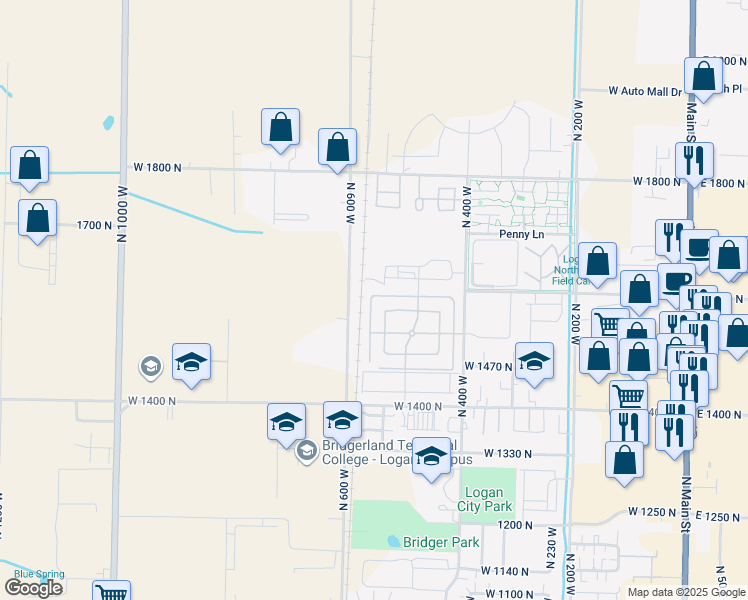 map of restaurants, bars, coffee shops, grocery stores, and more near 1584 North 565 West in Logan