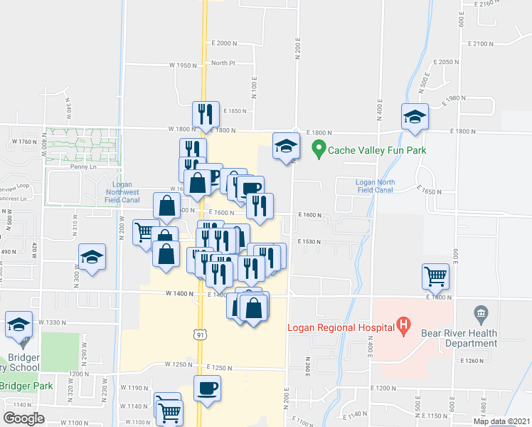 map of restaurants, bars, coffee shops, grocery stores, and more near 175 East 1600 North in North Logan