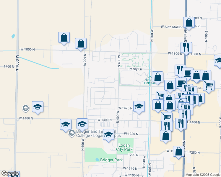 map of restaurants, bars, coffee shops, grocery stores, and more near 446 West 1595 North in Logan