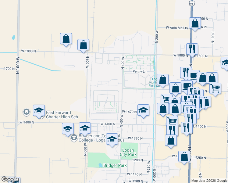 map of restaurants, bars, coffee shops, grocery stores, and more near 446 West 1595 North in Logan