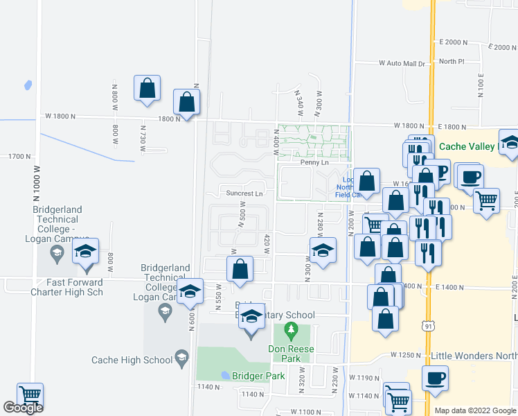 map of restaurants, bars, coffee shops, grocery stores, and more near 446 West 1595 North in Logan