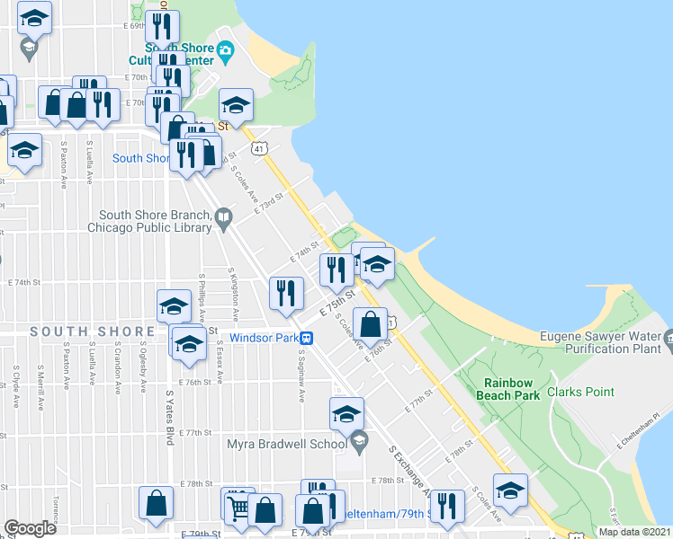 map of restaurants, bars, coffee shops, grocery stores, and more near 7436 South South Shore Drive in Chicago