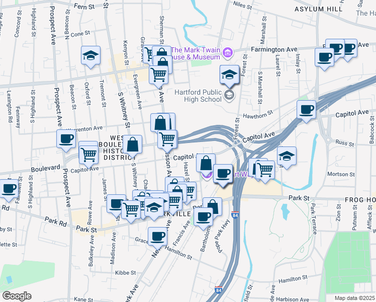 map of restaurants, bars, coffee shops, grocery stores, and more near 848-850 Capitol Avenue in Hartford
