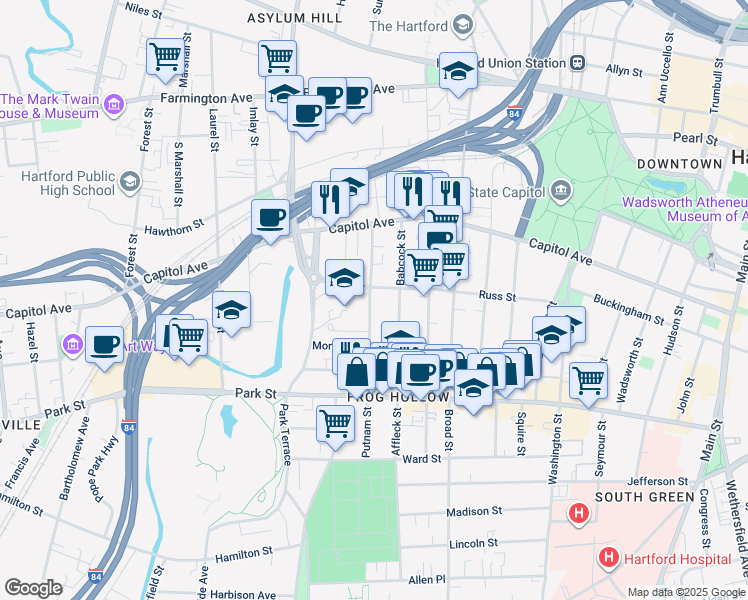 map of restaurants, bars, coffee shops, grocery stores, and more near 191 Russ Street in Hartford