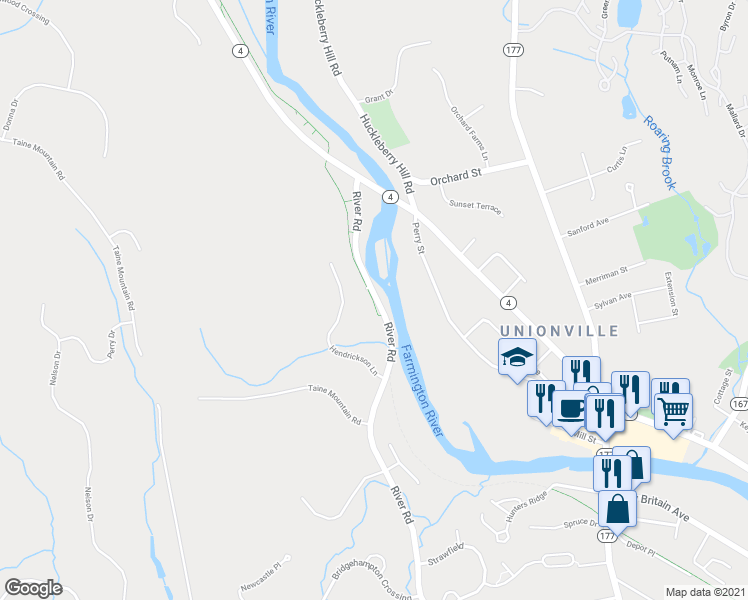 map of restaurants, bars, coffee shops, grocery stores, and more near 223 River Road in Farmington