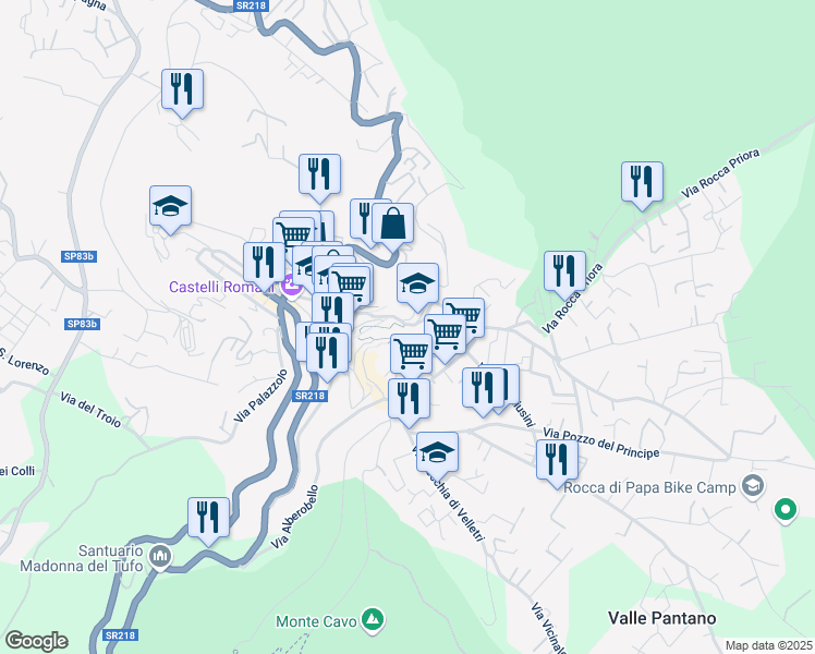 map of restaurants, bars, coffee shops, grocery stores, and more near 69 Via Campi D'Annibale in Rocca di Papa