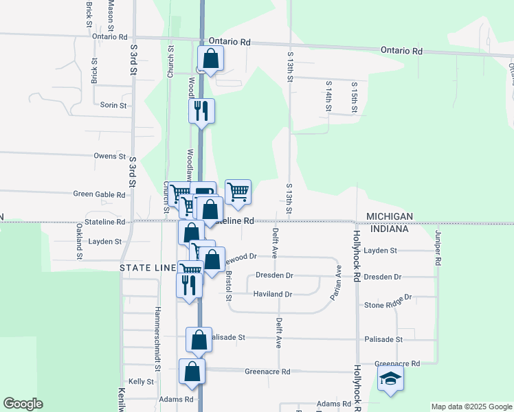 map of restaurants, bars, coffee shops, grocery stores, and more near 1211 Stateline Road in Niles