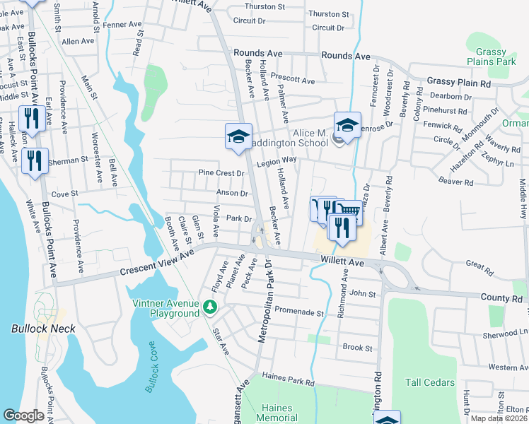 map of restaurants, bars, coffee shops, grocery stores, and more near 894 Willett Avenue in East Providence