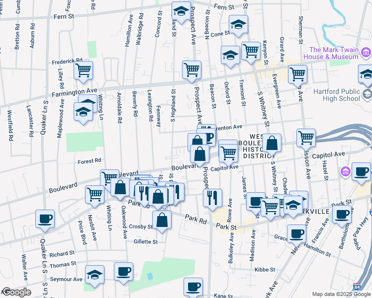 map of restaurants, bars, coffee shops, grocery stores, and more near 24 Fairview Street in West Hartford