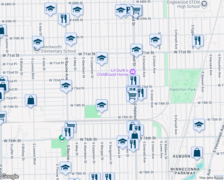 map of restaurants, bars, coffee shops, grocery stores, and more near 944 West 73rd Street in Chicago