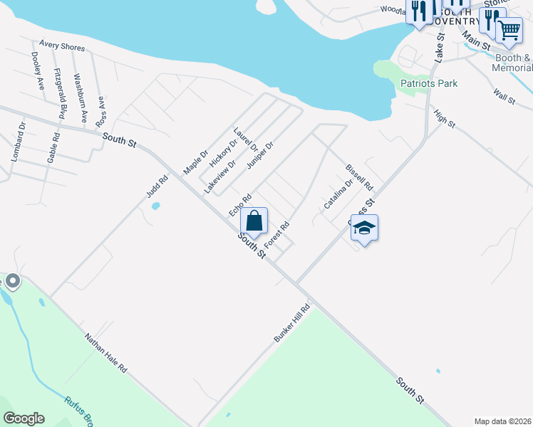 map of restaurants, bars, coffee shops, grocery stores, and more near 102 Spring Trail in Coventry