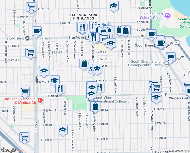 map of restaurants, bars, coffee shops, grocery stores, and more near 7355 South Jeffery Boulevard in Chicago