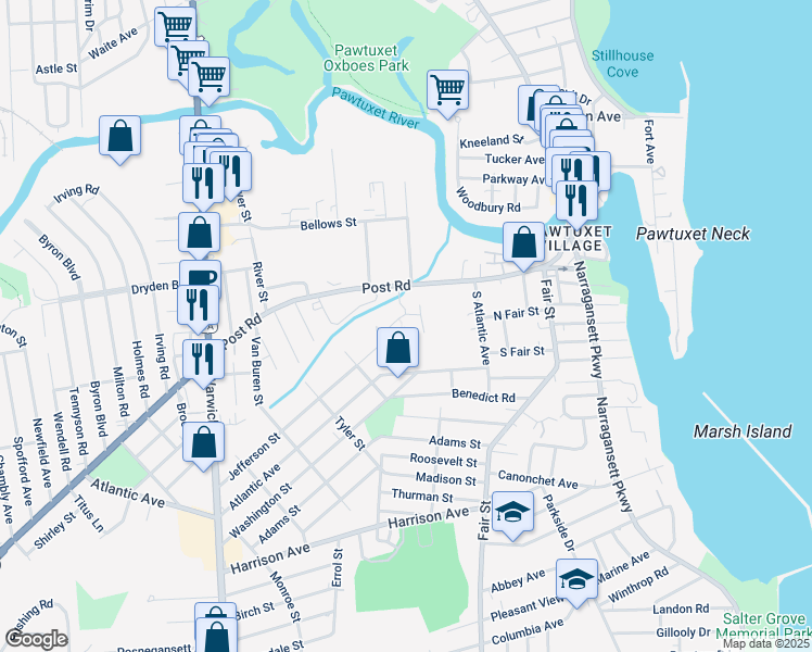 map of restaurants, bars, coffee shops, grocery stores, and more near 202 Post Road in Warwick