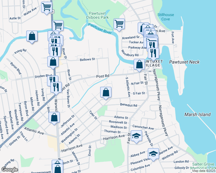 map of restaurants, bars, coffee shops, grocery stores, and more near 200 Post Road in Warwick