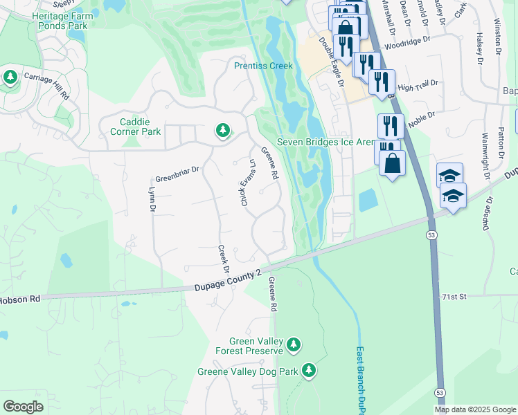 map of restaurants, bars, coffee shops, grocery stores, and more near 3725 Armour Court in Woodridge