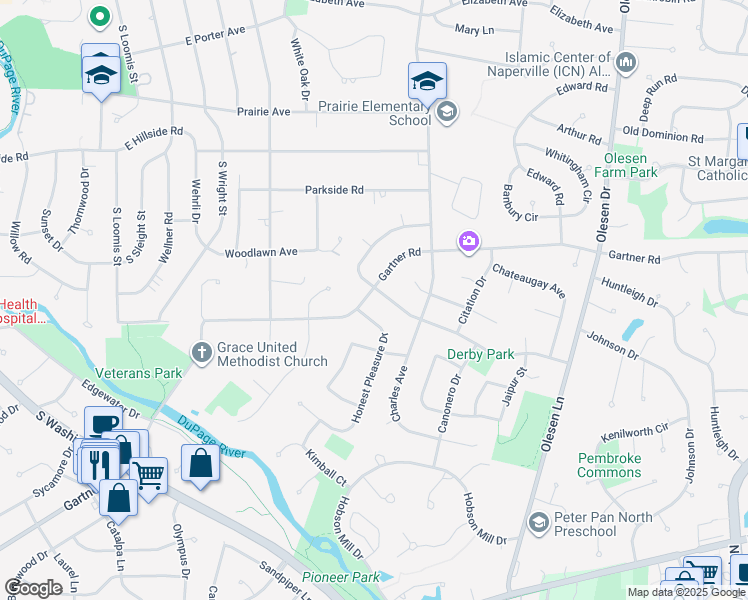 map of restaurants, bars, coffee shops, grocery stores, and more near 1050 East Gartner Road in Naperville