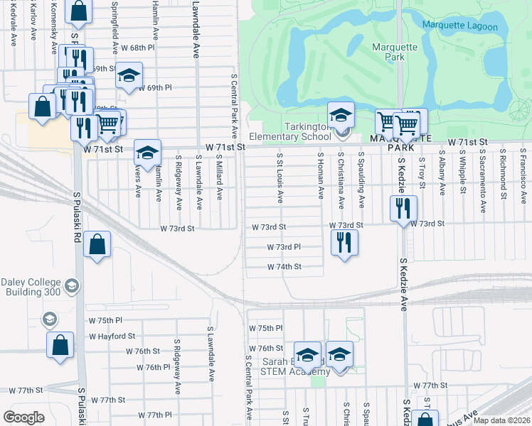 map of restaurants, bars, coffee shops, grocery stores, and more near 3521 West 72nd Place in Chicago