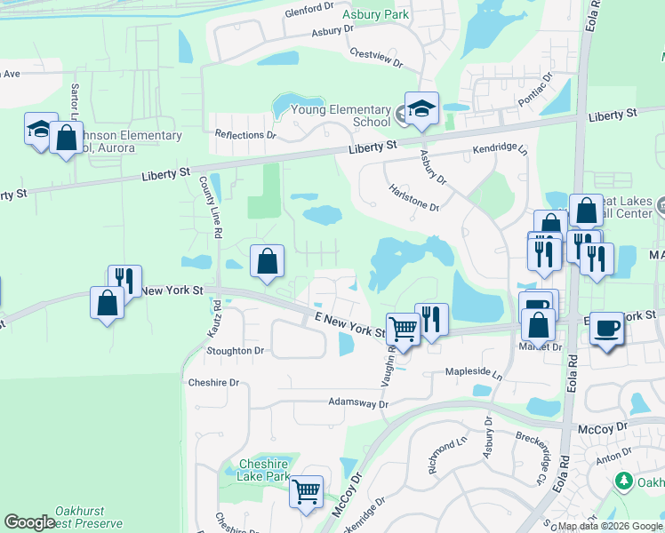 map of restaurants, bars, coffee shops, grocery stores, and more near 522 Wolverine Drive in Aurora