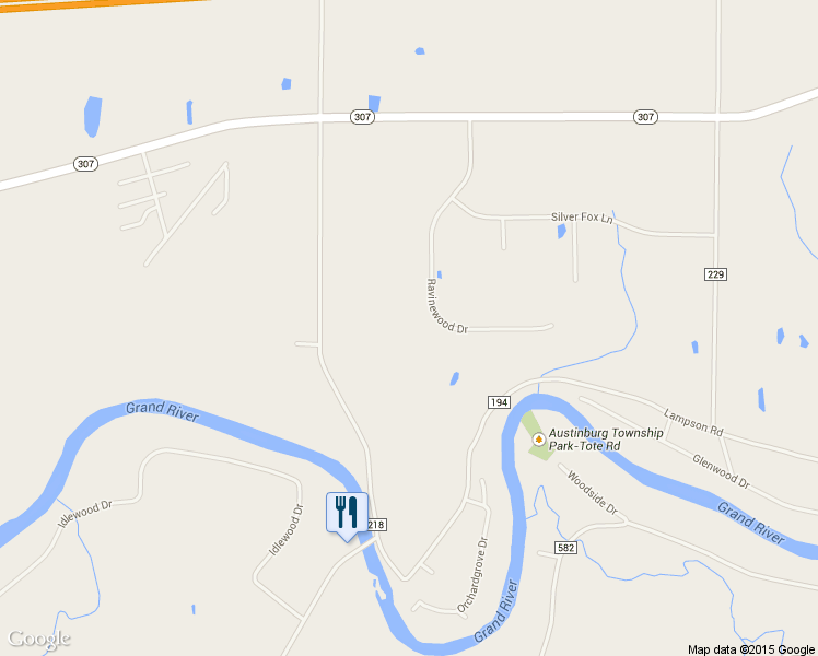 map of restaurants, bars, coffee shops, grocery stores, and more near 1387 Ravinewood Drive in Austinburg