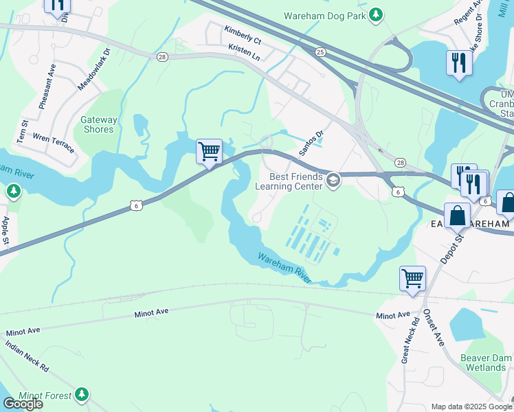 map of restaurants, bars, coffee shops, grocery stores, and more near 19 Linwood Avenue in Wareham
