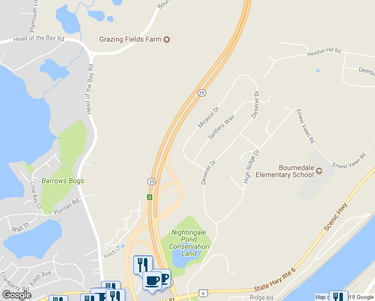 map of restaurants, bars, coffee shops, grocery stores, and more near 12 Mirasol Drive in Bourne