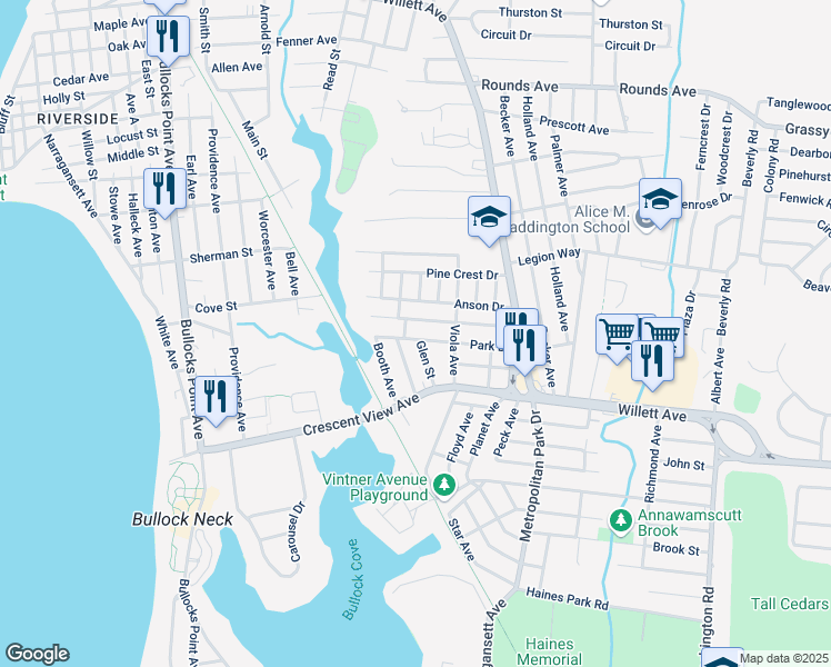 map of restaurants, bars, coffee shops, grocery stores, and more near 114 Oak Crest Drive in East Providence