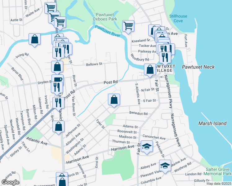 map of restaurants, bars, coffee shops, grocery stores, and more near 202 Post Road in Warwick