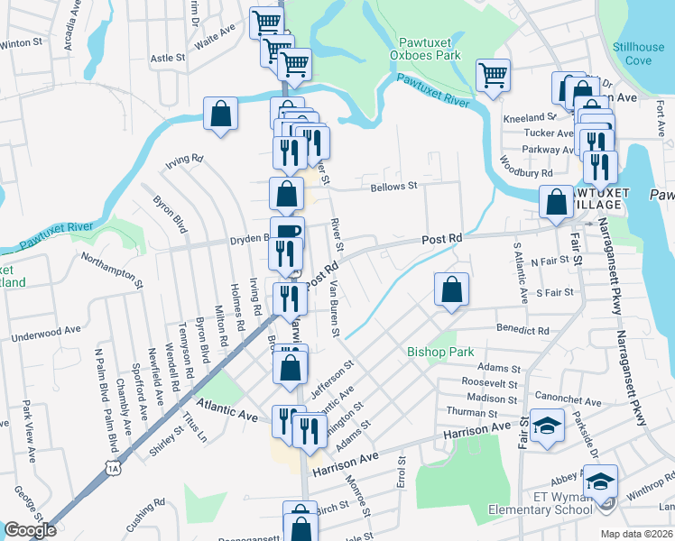 map of restaurants, bars, coffee shops, grocery stores, and more near 43 Proctor Avenue in Warwick