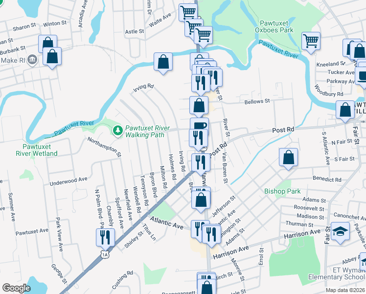 map of restaurants, bars, coffee shops, grocery stores, and more near 26 Temple Avenue in Warwick