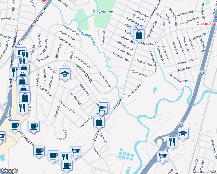 map of restaurants, bars, coffee shops, grocery stores, and more near 322 Lawnacre Drive in Cranston