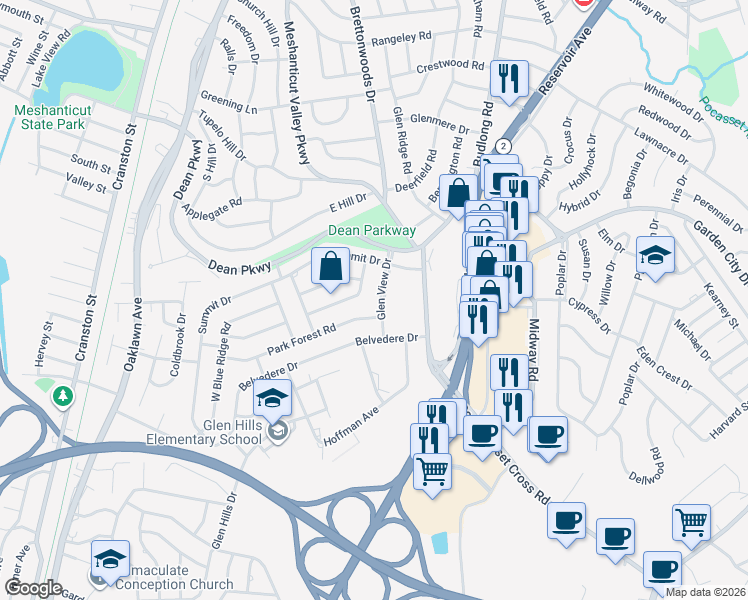 map of restaurants, bars, coffee shops, grocery stores, and more near 40 Glen View Drive in Cranston