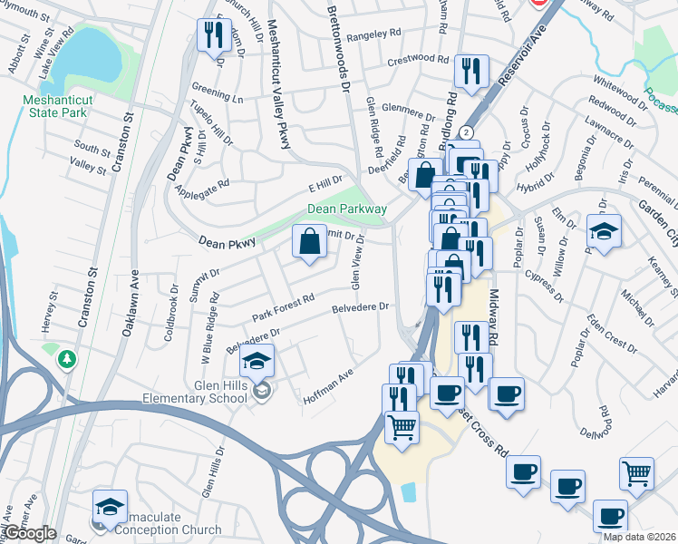 map of restaurants, bars, coffee shops, grocery stores, and more near 39 East Bel Air Road in Cranston