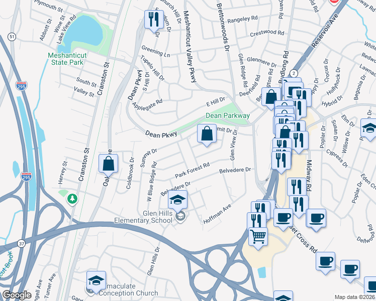 map of restaurants, bars, coffee shops, grocery stores, and more near 140 Summit Drive in Cranston