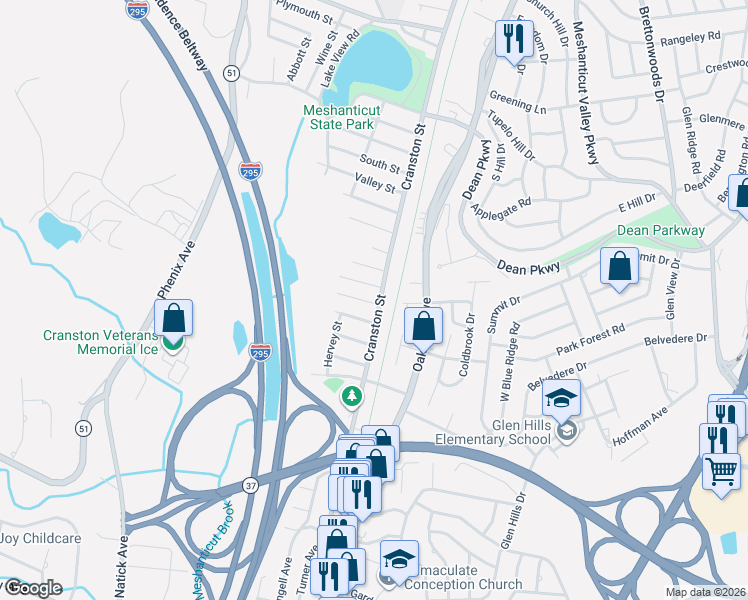 map of restaurants, bars, coffee shops, grocery stores, and more near 19 Royer Street in Cranston