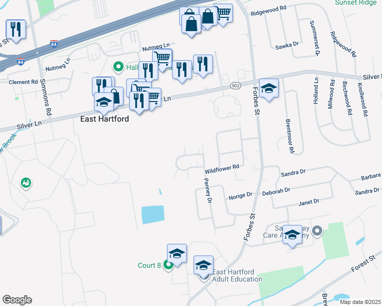 map of restaurants, bars, coffee shops, grocery stores, and more near 56 Wakefield Circle in East Hartford
