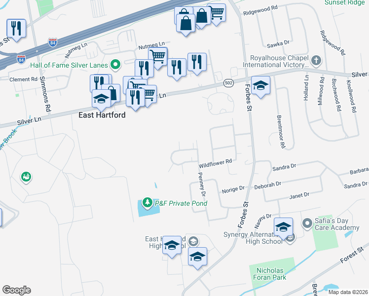 map of restaurants, bars, coffee shops, grocery stores, and more near 56 Wakefield Circle in East Hartford
