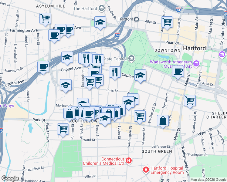 map of restaurants, bars, coffee shops, grocery stores, and more near 63 Hungerford Street in Hartford